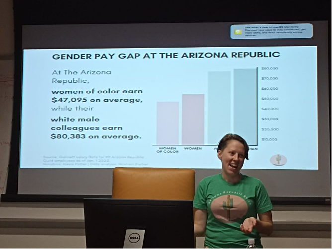 Rebekah Sanders stands in front of a graph about the gender pay gap at the Arizona Republic