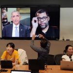 The scholars watch a video by Jordan Peele with a deepfake of former President Obama