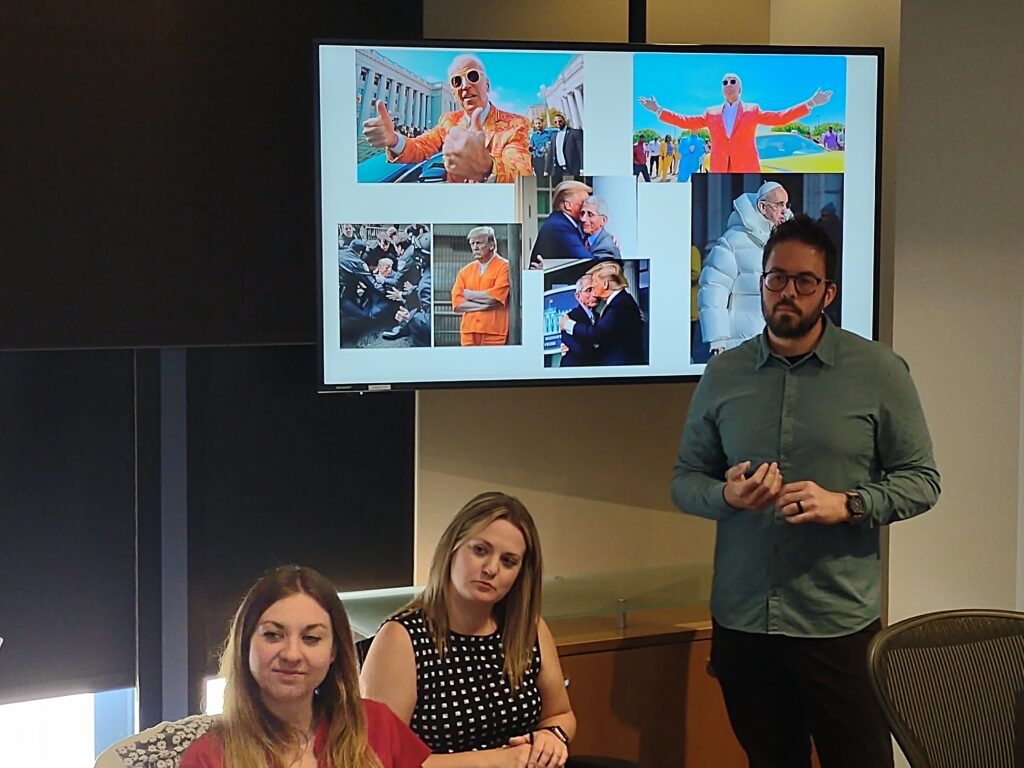 Joshua Garland in front of a collage of recent AI-generated images used in disinformation campaigns