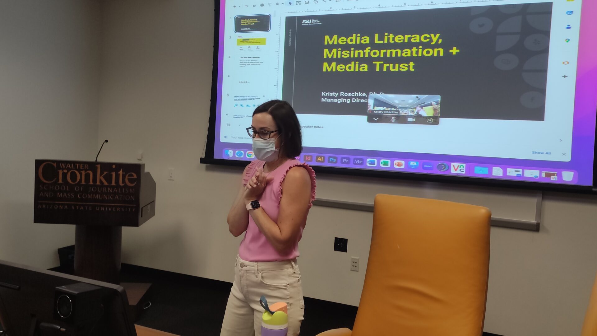 Dr. Kristy Roschke lectures and leads discussion on media literacy and media trust