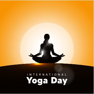 The International Yoga Day logo, showing a woman in lotus position before a rising sun