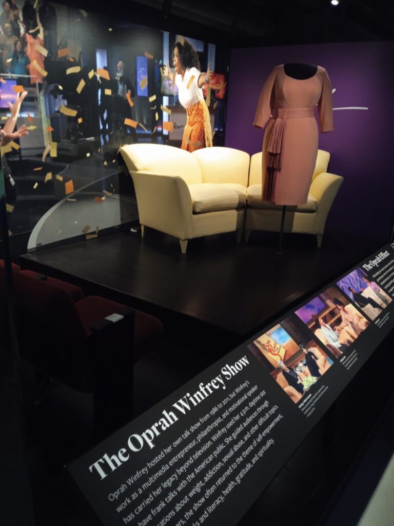 Oprah Winfrey's talk show set, a dress, and an explainer about the show