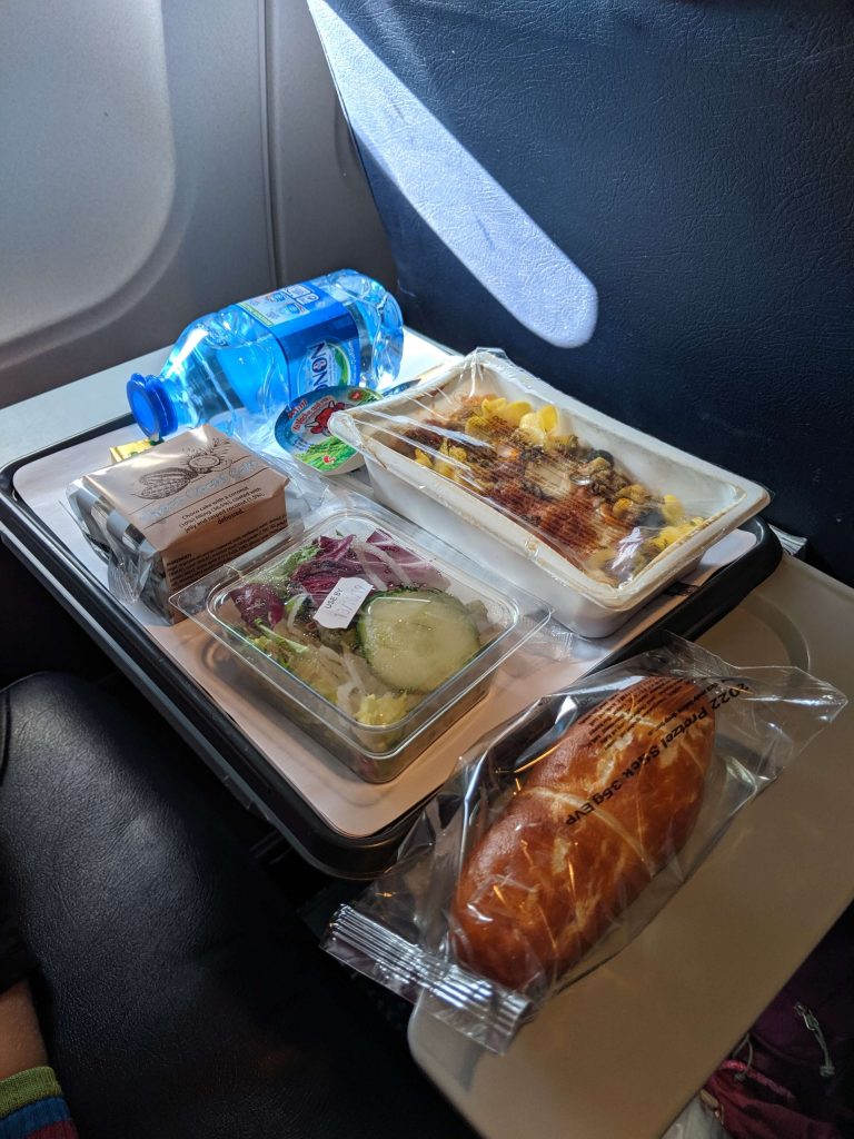 An airplane tray of assorted American-style foods