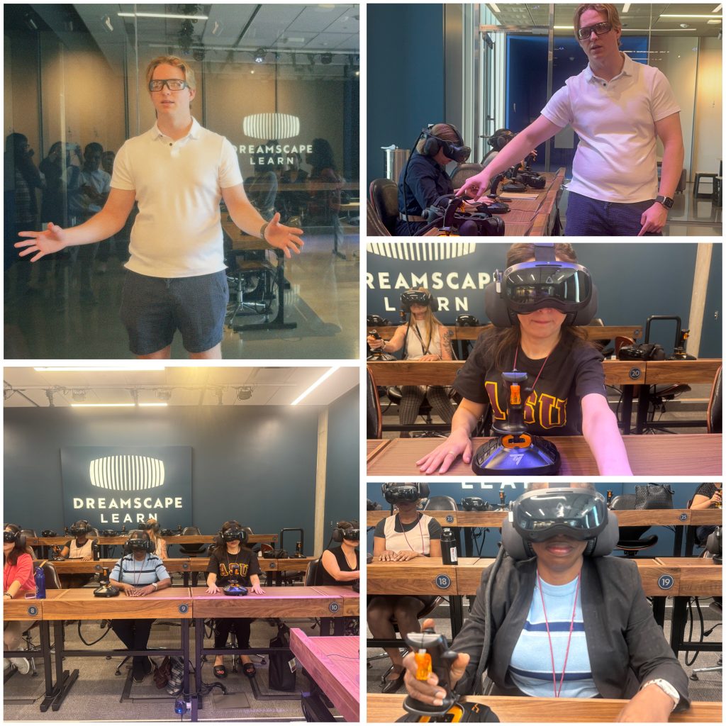 A composite of photos showing the scholars experiencing XR technologies in wearable headsets