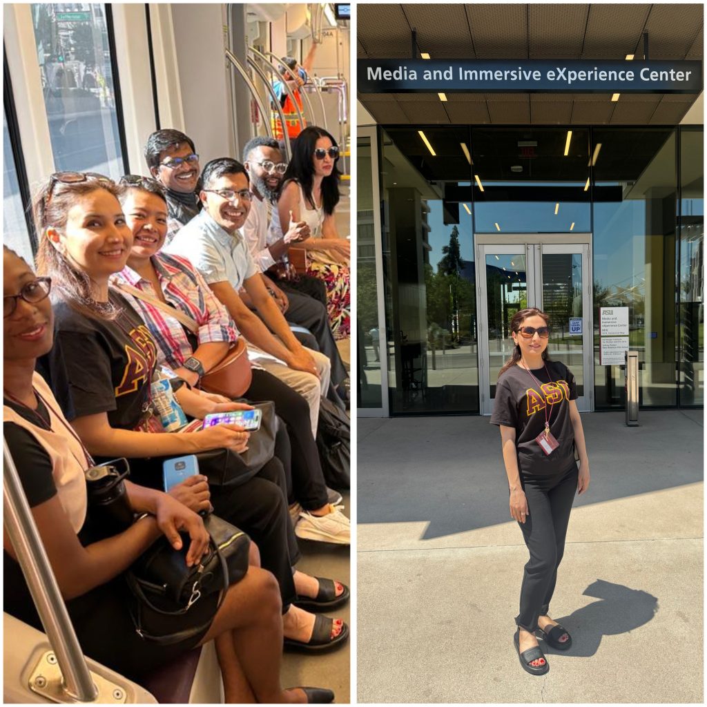 A composite of photos showing the scholars on the light rail to Mesa, and the author under the entrance sign to the Media and Immersive eXperience Center