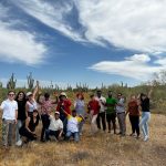 A big blue sky with wispy white clouds, a cluster of SUSI scholars in the foreground, and dozens of Saguaro cacti