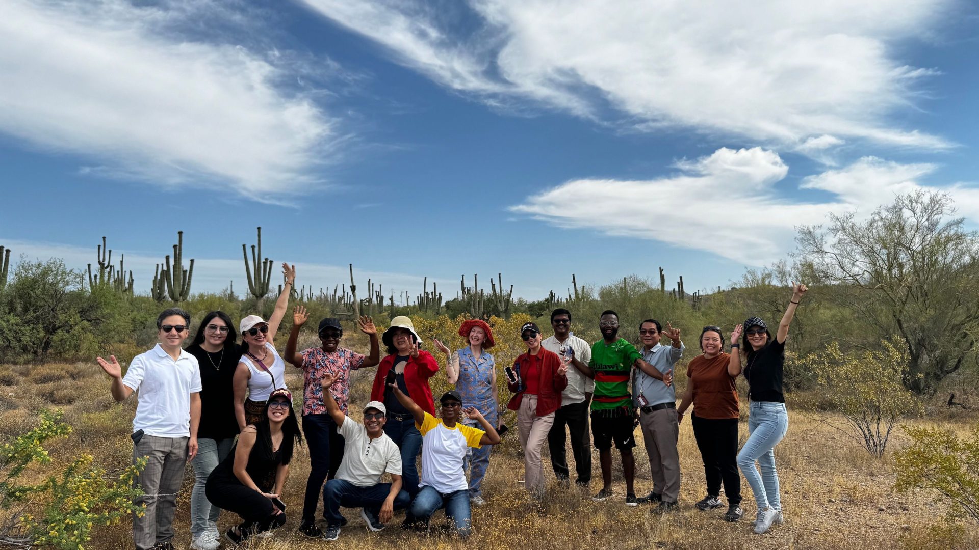 A big blue sky with wispy white clouds, a cluster of SUSI scholars in the foreground, and dozens of Saguaro cacti