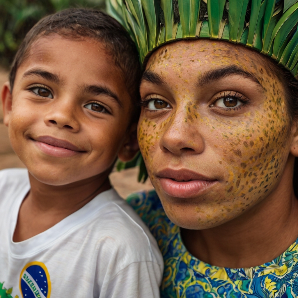 An AI-generated image of a Brazilian woman and young boy