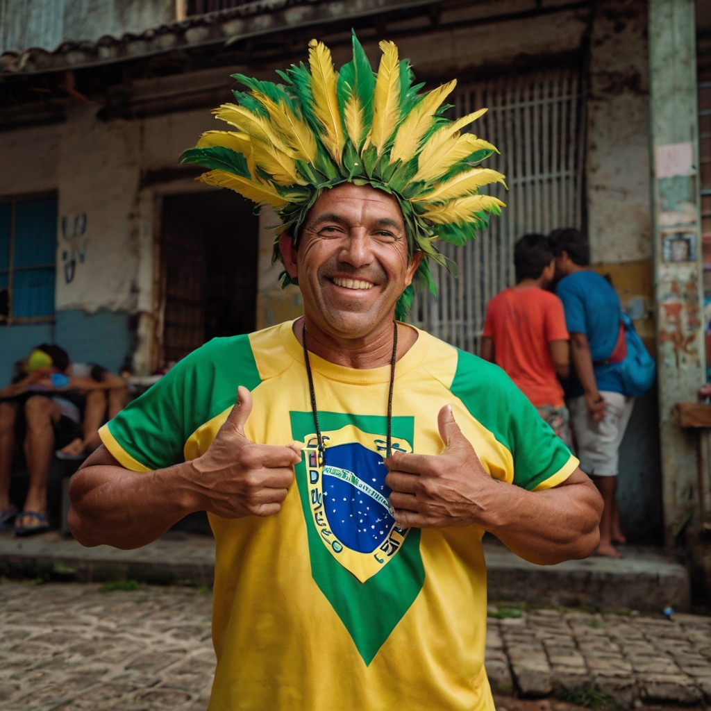 An AI-generated image of a Braziian man dressed in yellow and green, wearing a feather headdress and soccer jersey