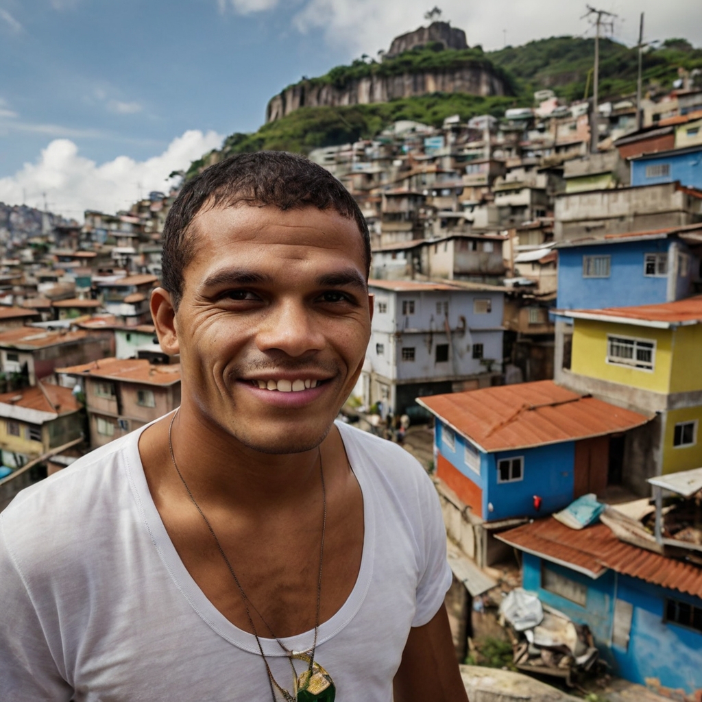 An AI-generated image of a young man against a background of Brazilian favelas