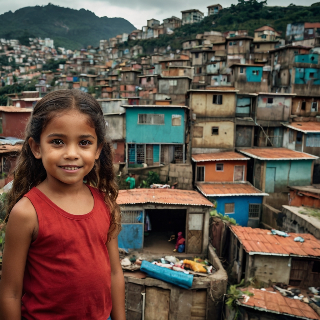 An AI-generated image of a young girl against a background of Brazilian favelas