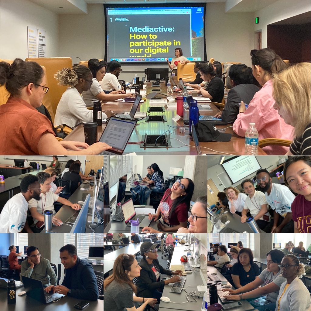 A composite of photos with scholars working together in Cronkite 444 and in a computer lab