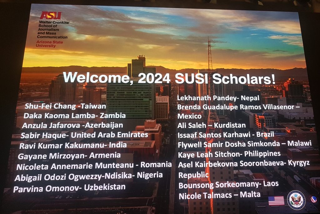 A slide showing the names and countries of the 2024 cohort of SUSI scholars at ASU