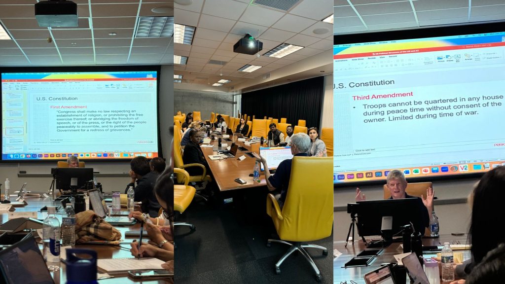 A composite photo of images showing the scholars engaged in discussion with session leader Dan Barr, including his slides walking them through the amendments to the U.S. Constitution