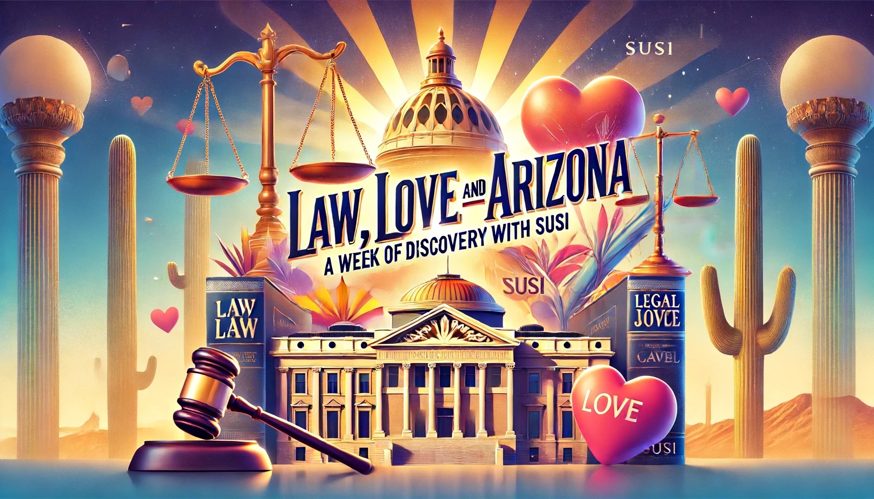 An AI-generated image that seeks to summarize the essence of Arizona (established on Valentine's Day) and the state of law