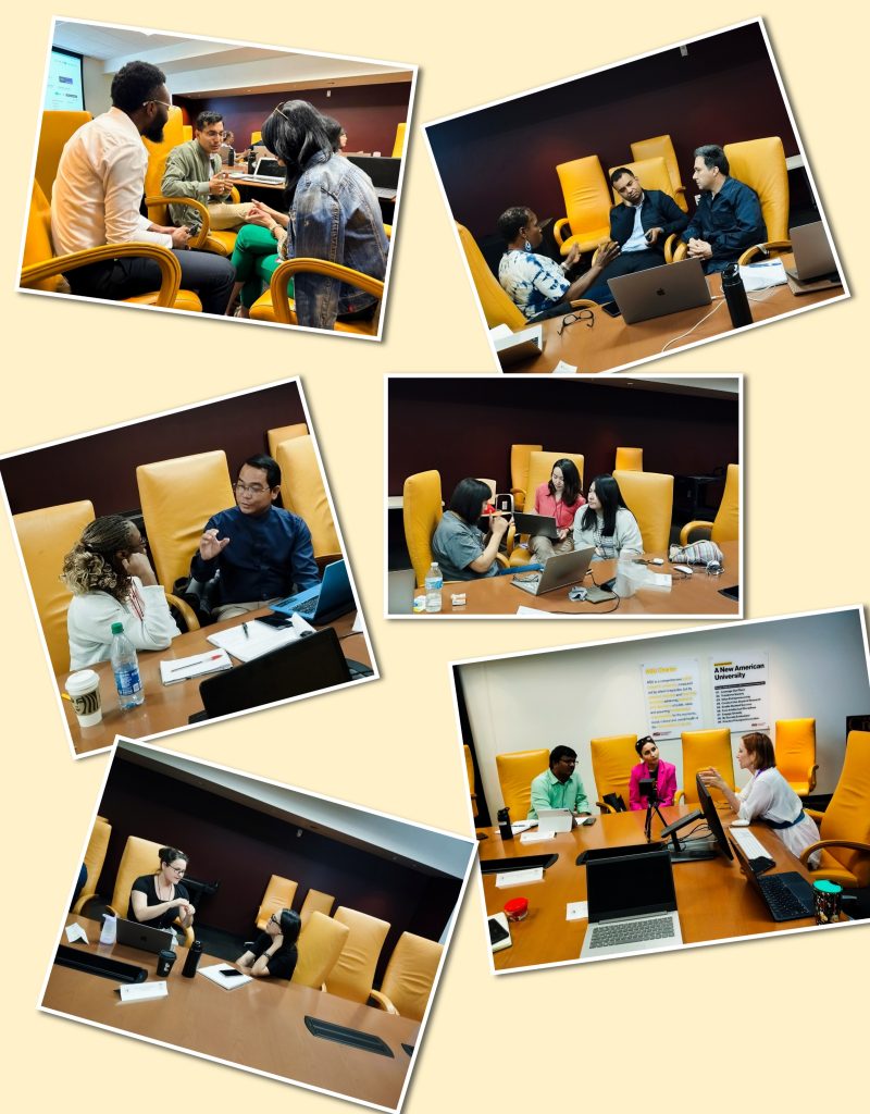 A composite of photos in Cronkite Room 444, with small groups of scholars discussing their research projects