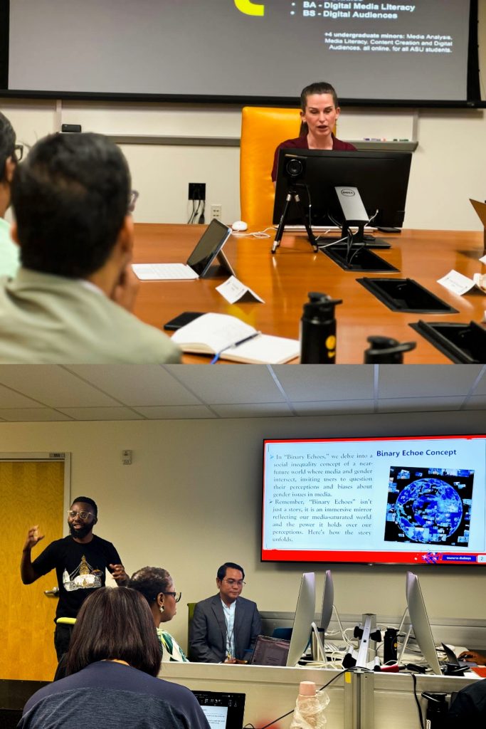 A composite of two photos of presentations at the Cronkite School