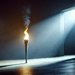 A powerful image showing a dark room with a single torch on the ground. The torchlight creates a bright beam that illuminates a dark corner of the room