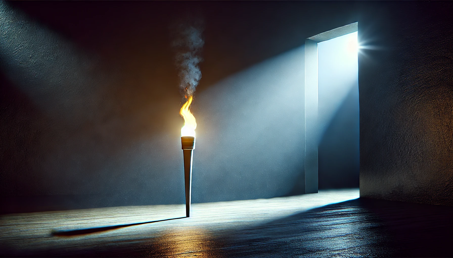 A powerful image showing a dark room with a single torch on the ground. The torchlight creates a bright beam that illuminates a dark corner of the room